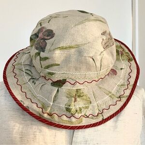 Floral Beige Bucket Hat with Red Trim